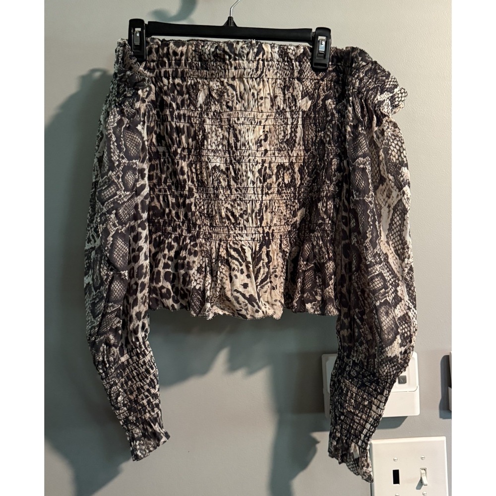 Smocked Off-Shoulder Snake Print Women’s Top - Black/White